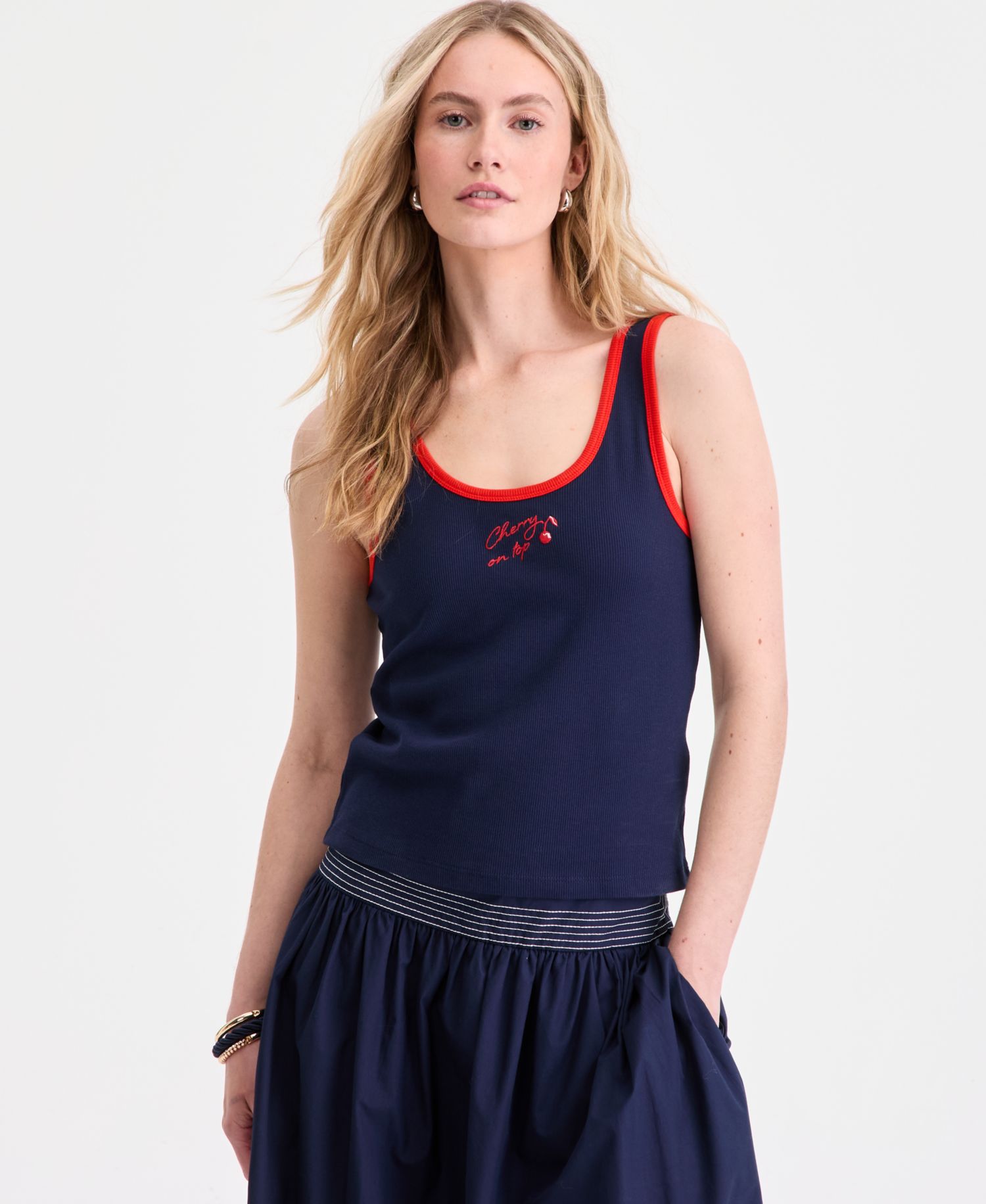 Women's Embroidered Double-Scoop Rib Tanks