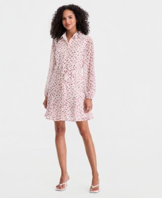 Women's Cherry Print Tie-Belt Button-Front Dress