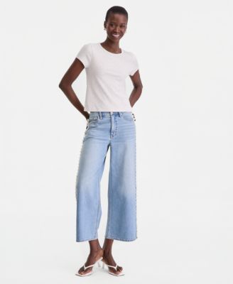 Women's High-Rise Cropped Faux-Pearl-Trim Jeans