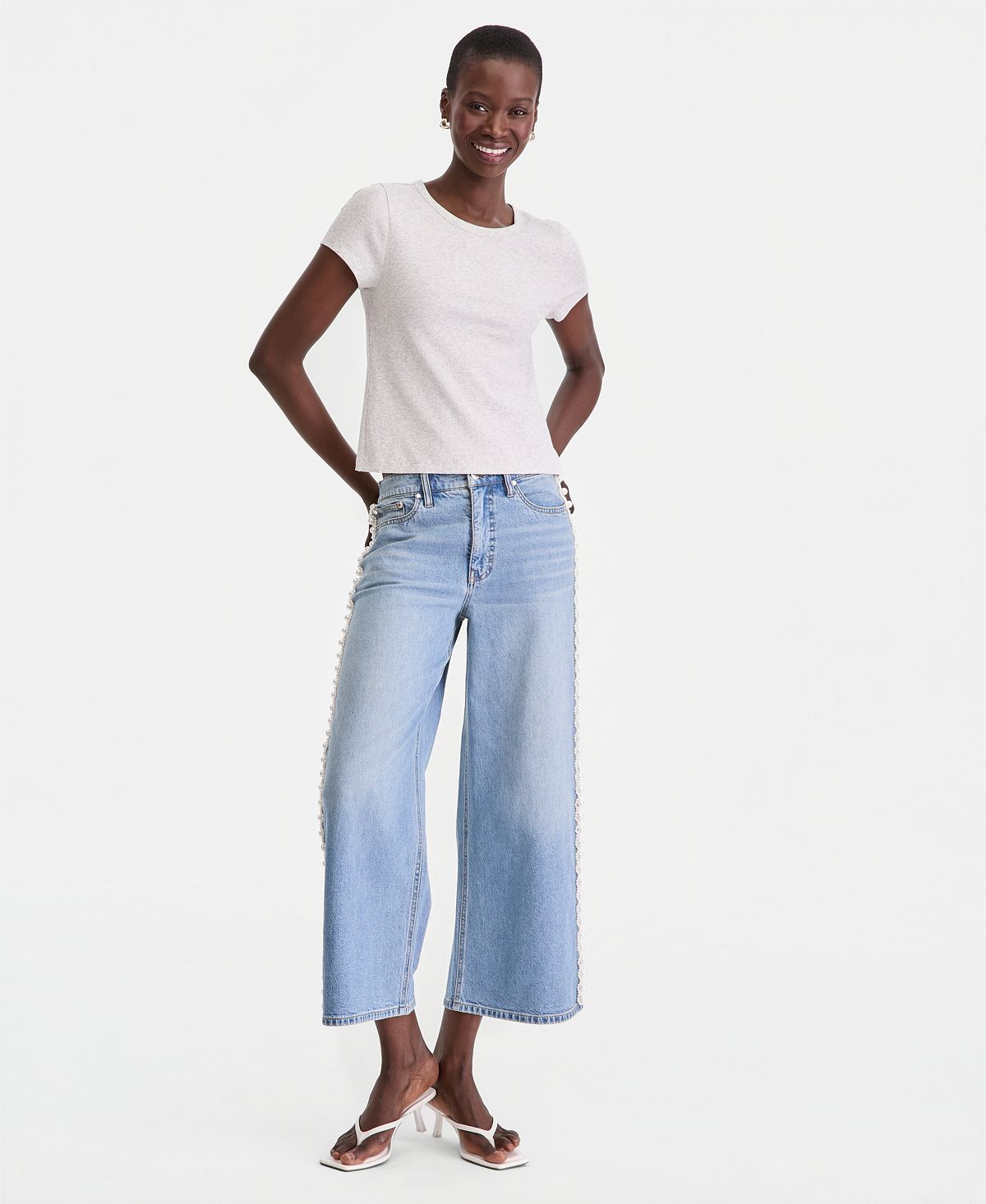 On 34th Women's High-Rise Cropped Faux-Pearl-Trim Jeans, Macy's Exclusive view 1 — MAYCSS fashion products