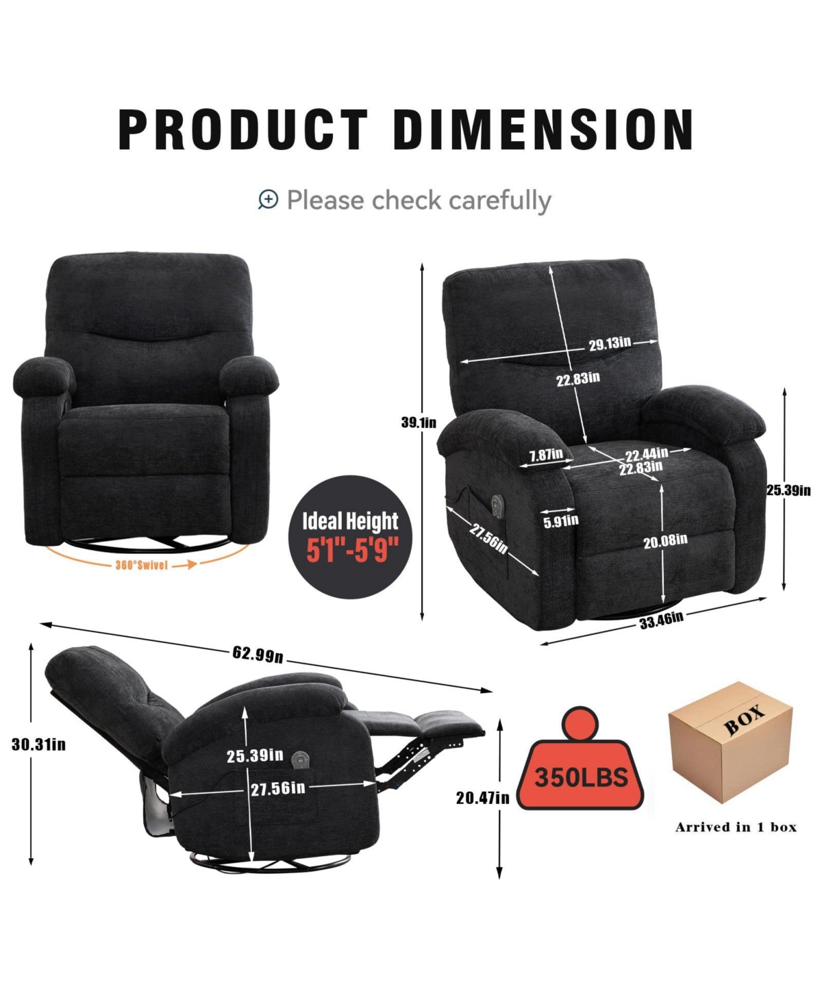 Clihome Massage Manual Lounge Chair with Rocker Arms and Rotating Fabric Cup Bucket for Living Room