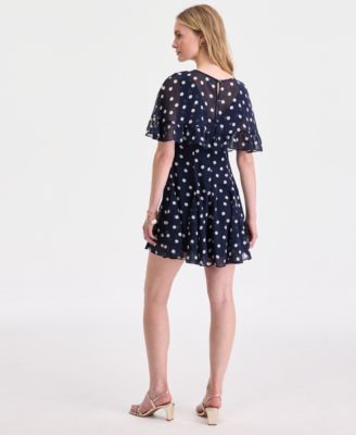 Women's Scattered Dot-Print Chiffon Ruffle Cape Mini Dress
