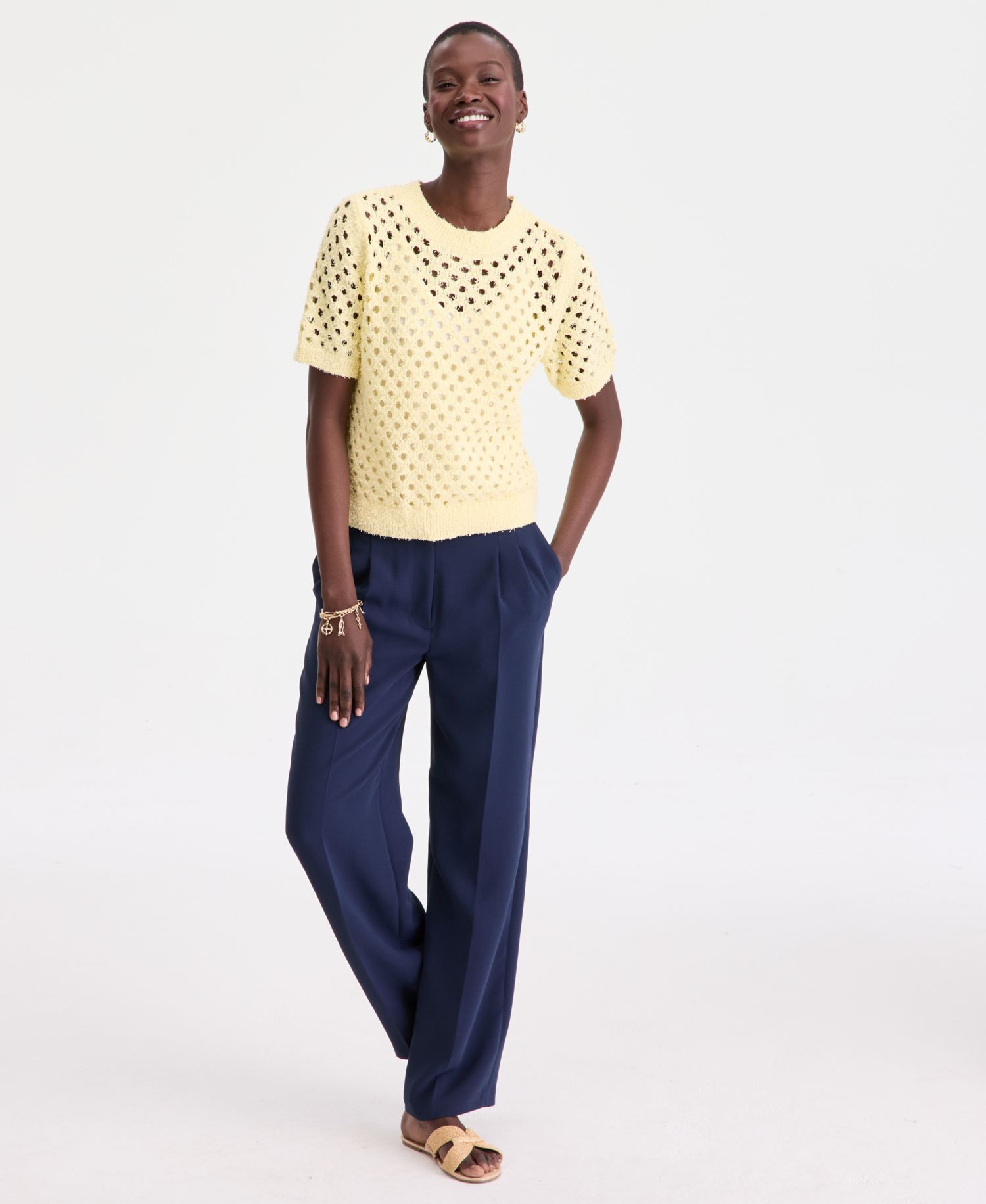 Women's Open-Stitch Short-Sleeve Sweater
