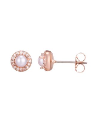 Rose Gold Freshwater Pearl CZ Halo Stud Earrings