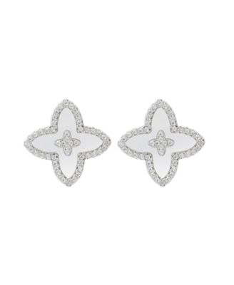 Silver CZ Mother of Pearl Statement Flower Stud Earrings