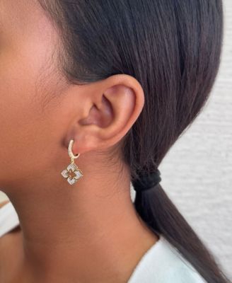 Gold CZ Pointed Clover Drop Huggie Hoop Earrings