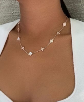 Rose Gold Mother of Pearl CZ Mixed Clover Station Necklace