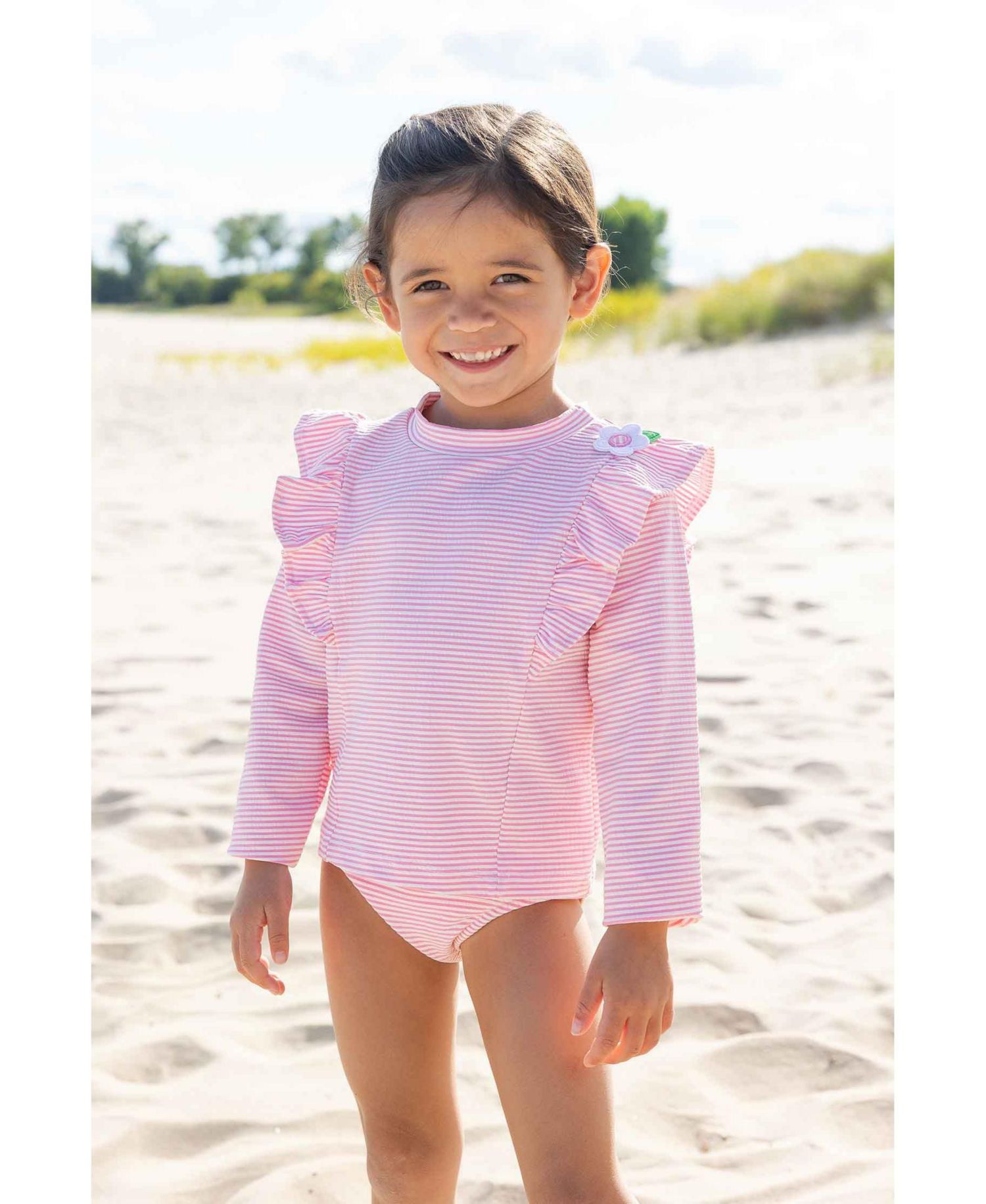 Toddler Girls Stripe Seersucker Rashguard Swimsuit with Flower