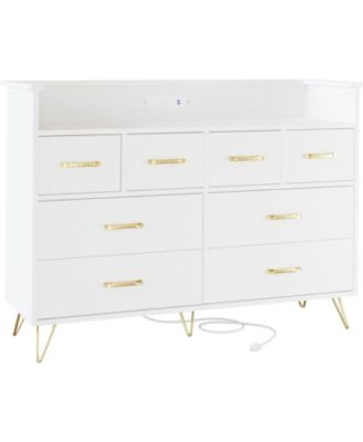 8 Drawer Wood Dressers for Bedroom with Led Light and Power Outlet, Wooden Dressers with Open Shelves  for Adult and Kids Bedroom