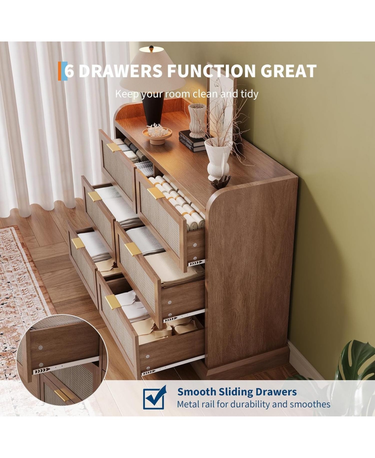 gaomon Farmhouse 6 Drawer Dresser for Bedroom, Rattan Chest of Drawers with Storage,Large Dresser Chest of Drawers with Gold Handle,Boho Tv Stand