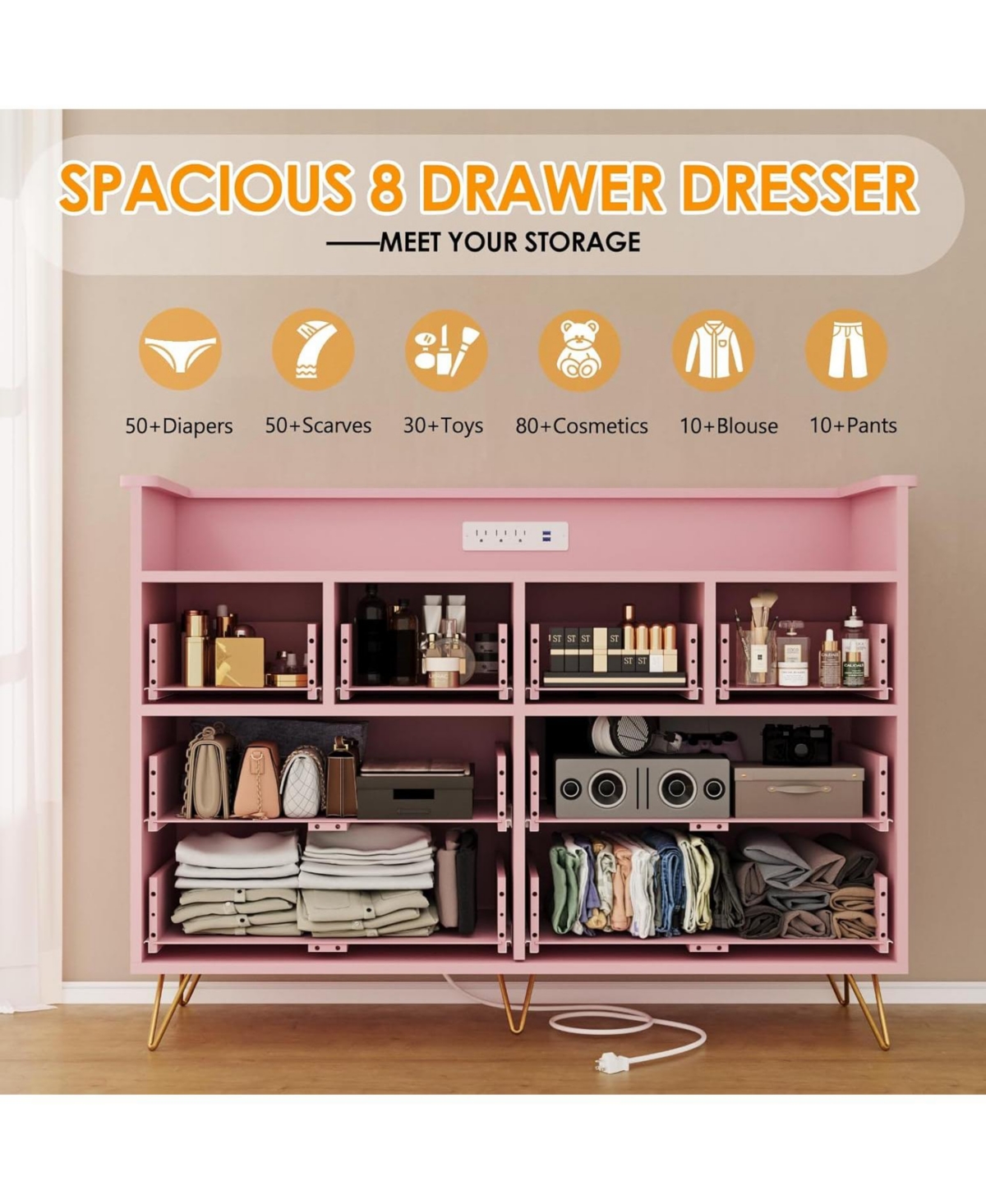 gaomon 8 Drawer Wood Dressers for Bedroom with Led Light and Power Outlet, Wooden Open Shelves Adult Kids