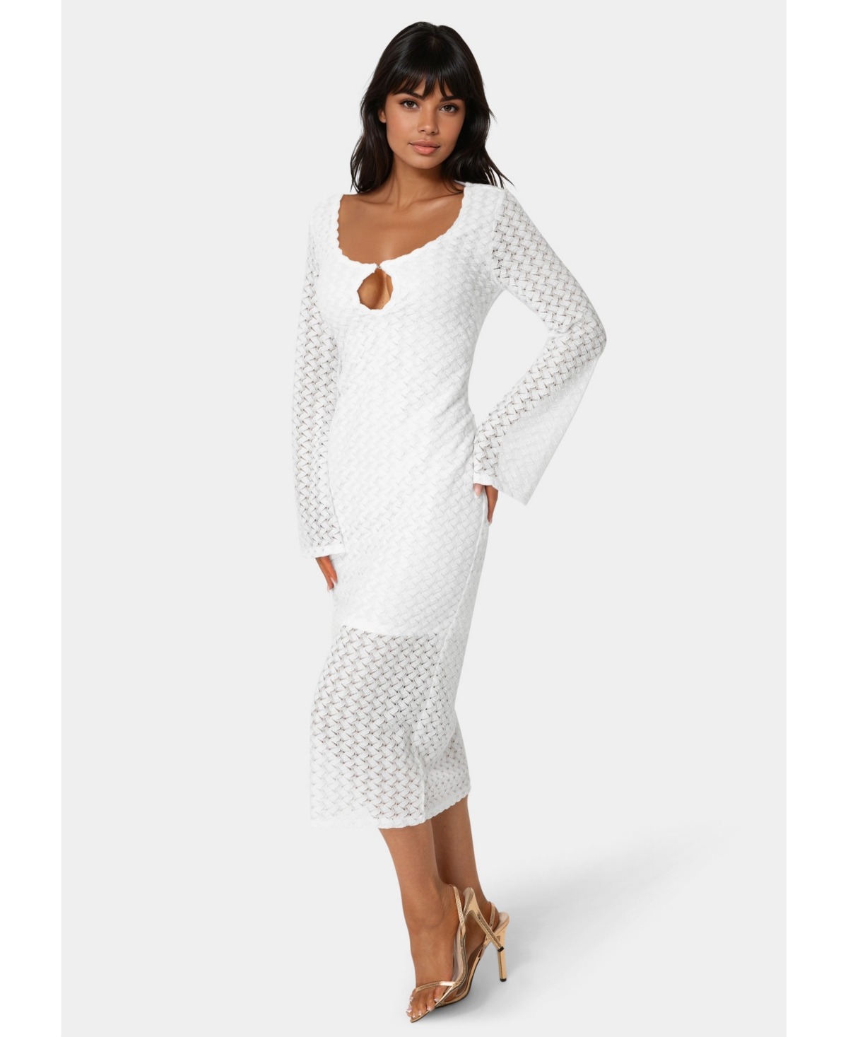 Bebe Women's Long Sleeve Cut Out Crochet Maxi Dress
