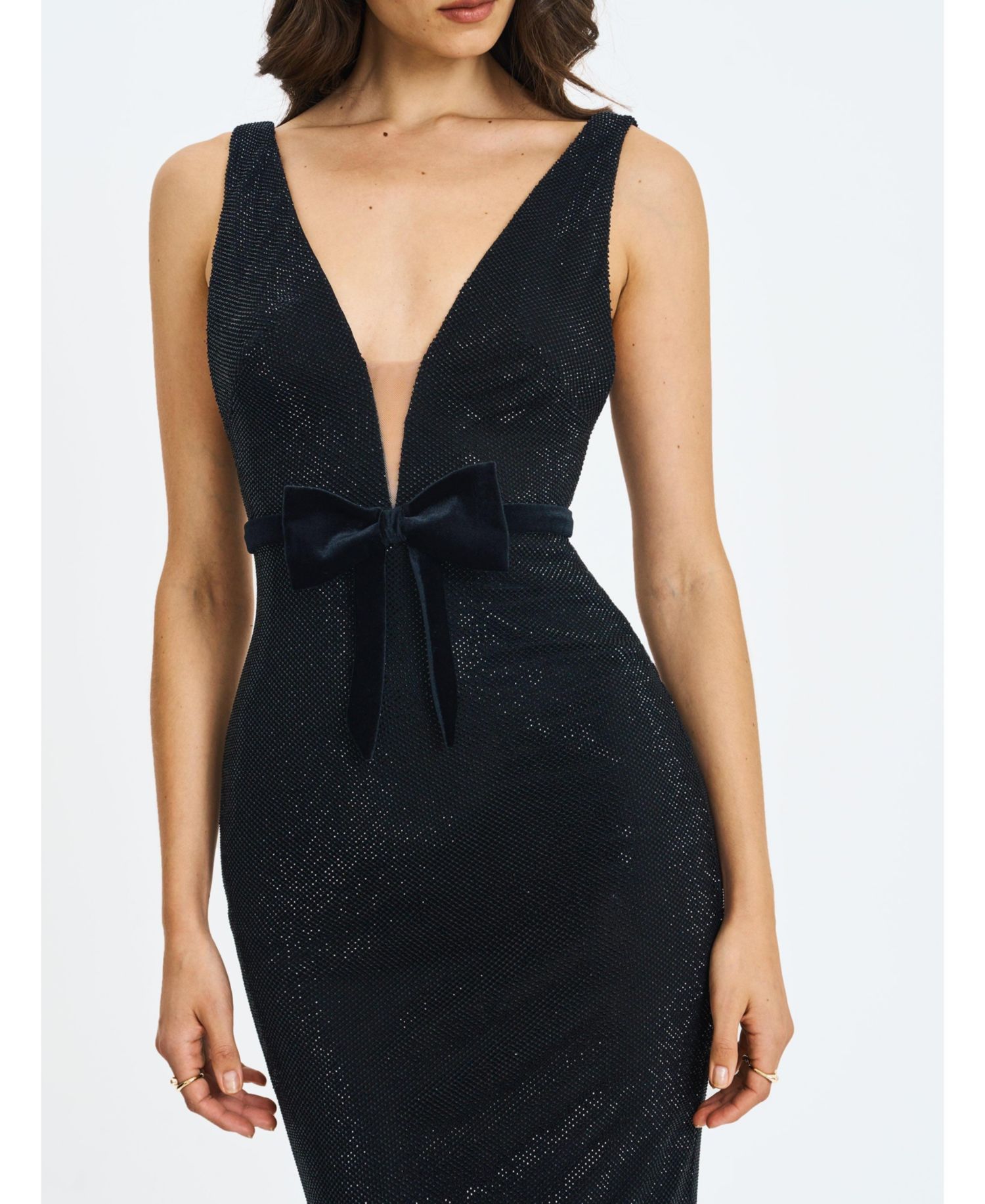 Women Olympia Black Belted Bow Plunging Rhinestone Maxi Dress