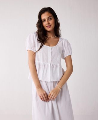Women's Embroidered Peplum Top with Puff Sleeves