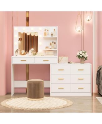 61" Vanity Desk with Mirror & Lights - Makeup Vanity with 8 Wide Drawers, 2-Tier Shelves, 3 Dimmable Modes