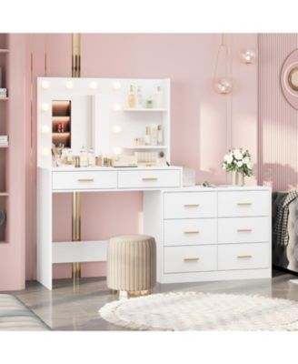 61" Vanity Desk with Mirror & Lights - Makeup Vanity with 8 Wide Drawers, 2-Tier Shelves, 3 Dimmable Modes