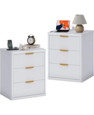 Fluted Nightstand with Charging Station, Bedside Table with 3 Drawers Storage Space