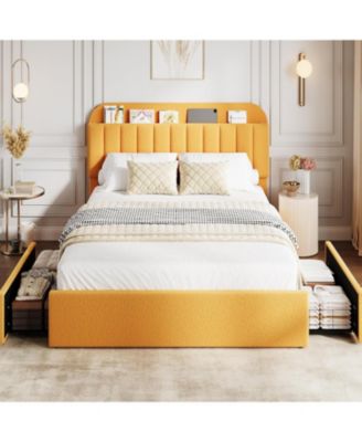 Bed Frame Upholstered Storage Bed with Headboard & 2 Storage Drawers, Metal Support Platform Bed Frame, Easy Assembly, No Box Spring