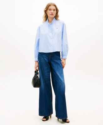 Women's Cropped Ruffled Oxford Collared Shirt