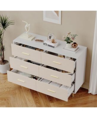 6 Drawer Dresser, Modern White Chest of Drawers with Gold Metal Legs and Handles, Large Double Wooden Dresser for Bedroom