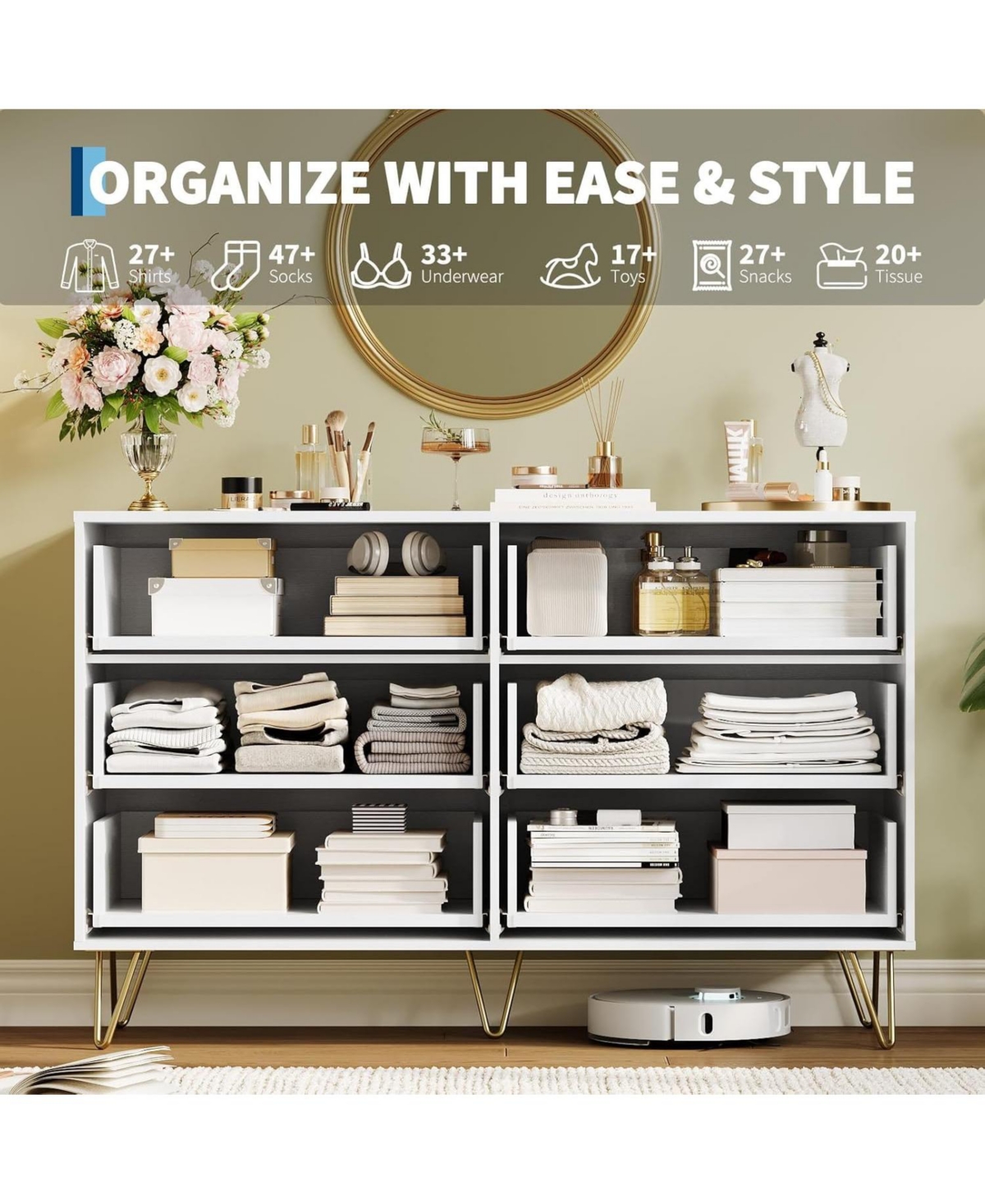 gaomon Fluted Dresser for Bedroom with 6 Drawers,47'' Wide Modern Chest of Wooden Drawers Metal Handle,Wide Clothes Storage Organizer