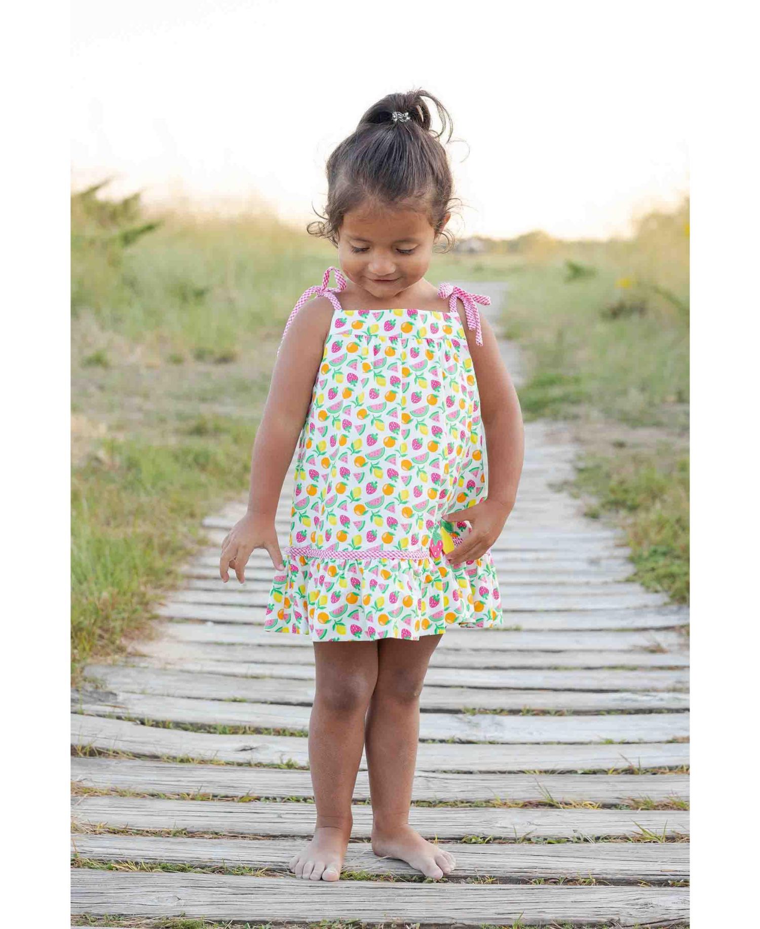 Little Girls Printed Seersucker Dress with Fruit