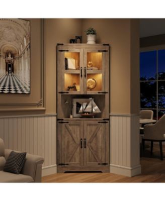 Tall Corner Cabinet, Farmhouse Storage Cabinet with 4 Tempered Glass Doors and Adjustable Shelves