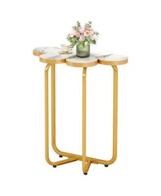 Narrow Side Table, Half-Flower Accent Side Table with Stylish Gold Frame, White and Gold End Tables, 26-Inch Tall Faux Marble Nightstand