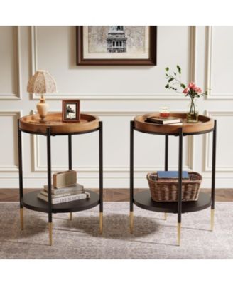 Round Side Table Set of 2, 2-Tier End Table with Solid Wood and Metal, Industrial Nightstand