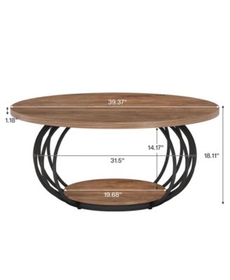 Round Coffee Table for Living Room, 39.4" Industrial Wooden 2-Tier Circle Accent Center Cocktail Table with Storage Shelf and Metal Frame