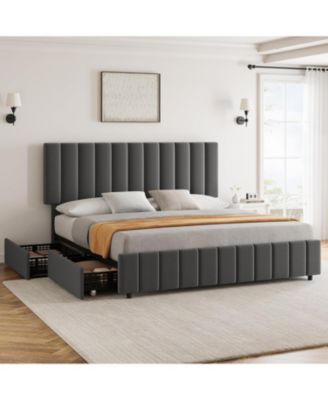King Linen Upholstered Platform Bed Frame with 4 Storage Drawers, Adjustable Headboard, Wooden Slats Support.