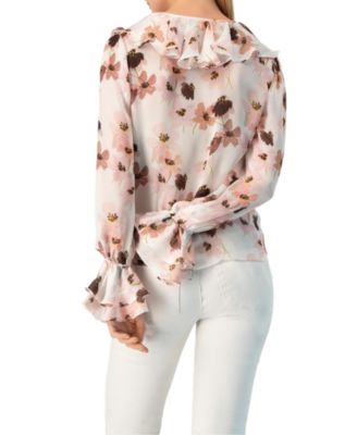 Women's Floral V-Neck Blouse with Ruffle Detail