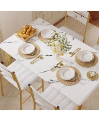 27.6" W Dining Table Set for 4, Wood Kitchen Table with Upholstered Chairs, White & Gold
