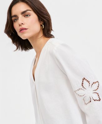 Women's V-Neck Embroidered-Sleeve Linen-Blend Top