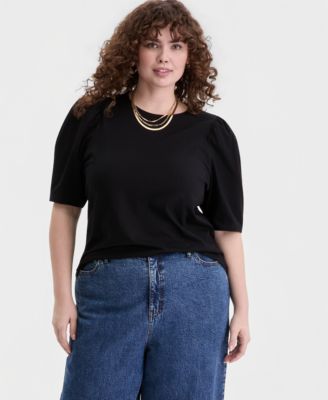 Trendy Plus Printed Ruched Puff-Sleeve Crewneck Top