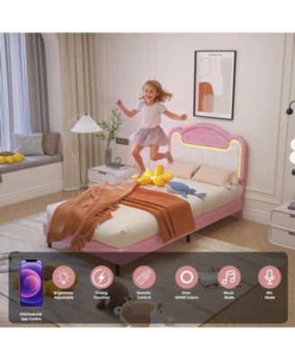 Senfot Twin Bed Frame with LED Lights, Upholstered Fabric Headboard, Sturdy Wood Slat Support, No Box Spring Needed