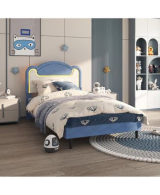 Senfot Full Bed Frame with LED Lights, Upholstered Fabric Headboard, Sturdy Wood Slat Support, No Box Spring Needed