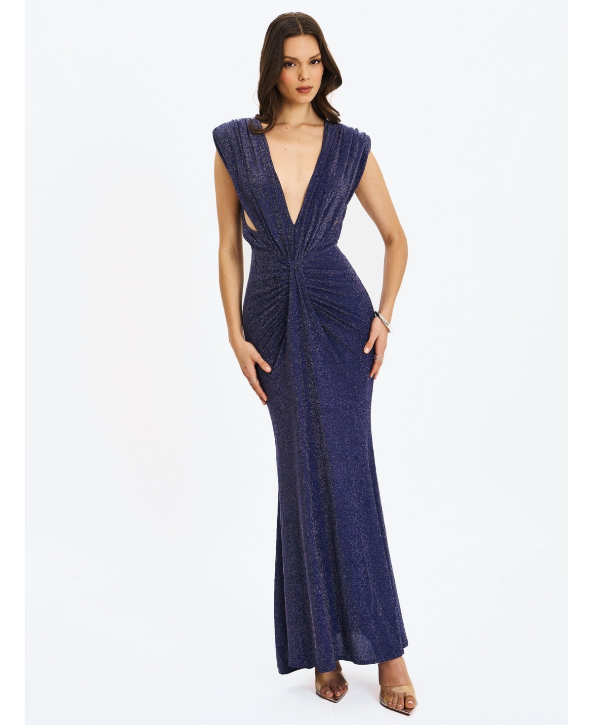 Miss Circle Women's Terri Navy Sparkle Plunging Backless Maxi Dress