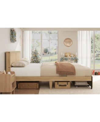 Natural Rattan Bed Frame with Wood Headboard, 2 Storage Drawers, RGB Led Lights, Easy Assemble Boho Platform Bed with Strong