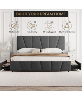 Queen Size Bed Frame with Adjustable Headboard and 4 Storage Drawers