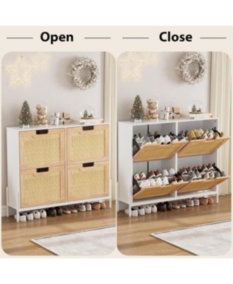 Rattan Shoe Storage Cabinet with 4 Flip Drawers, Freestanding Shoe Organizer Adjustable Shelves for Entryway, Narrow Farmhouse Slim Shoe Rack