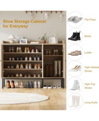 Freestanding shoe cabinet with 3 rattan doors, adjustable shelves, and 7-tier closed storage for entryway or hallway.