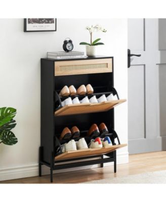 slim entryway shoe cabinet with 2 flip drawers, wooden organizer with linen front panels, and a space-saving closed shoe rack.