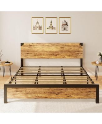 Gamon Rustic Brown King Platform Bed Frame with Wooden Headboard & Under Bed Storage