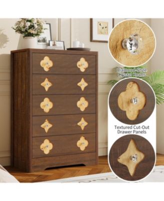 5 Drawer Tall Boho Dresser, 45" Wooden Chest with Clothes Storage Cabinet, Brown