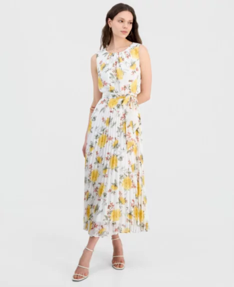 Petite Printed Pleated Maxi Dress - Ivory.yellow