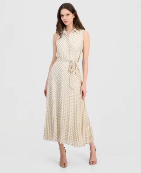 Petite Printed Pleated Maxi Dress - Tan.wht