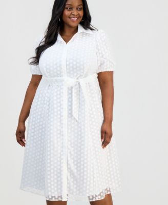 Plus Size Clip Dot Puff-Sleeve Midi Shirtdress