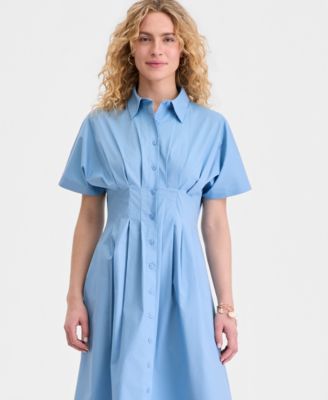 white christmas dresses Cotton Poplin Short Sleeve Draped Shoulder Midi Dress US6 / Black main image 1