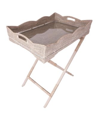 Artifacts Rattan Scallop Design Butler Tray with Wooden Legs & Glass Insert